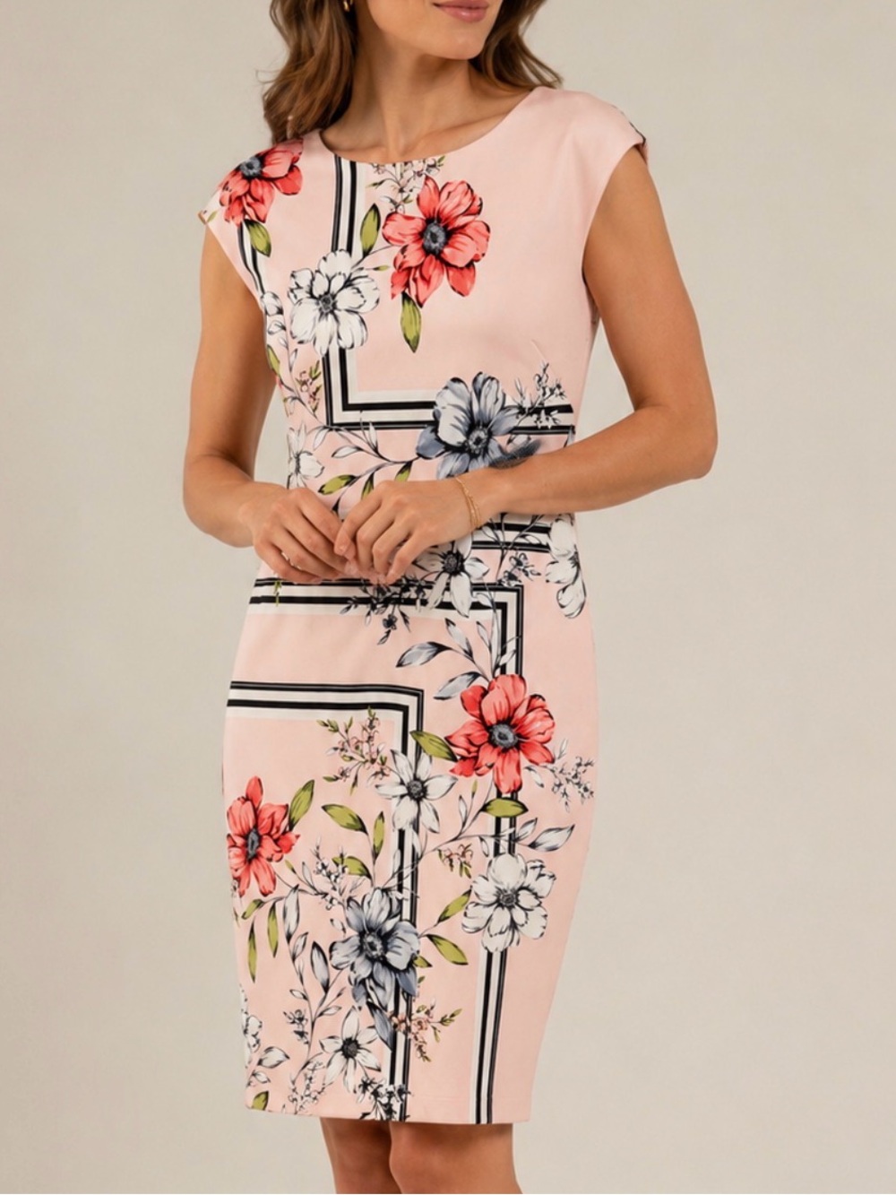 Vince Camuto Pink Floral Graphic Sheath Dress Wedding Guest Size 8
